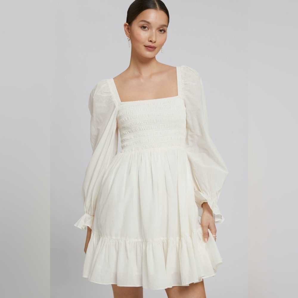 Elegant Ivory Cream Smocked Bodice Minidress long puff sleeve peasant Spring - Picture 2 of 8